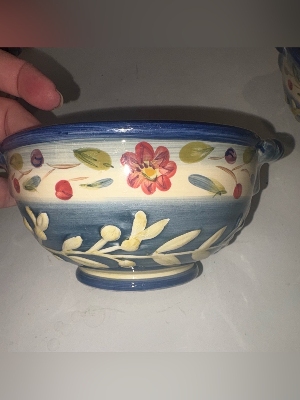 Set of 3 Hand-Painted Floral Ceramic Bowl - Blue and Red - Certified Internation